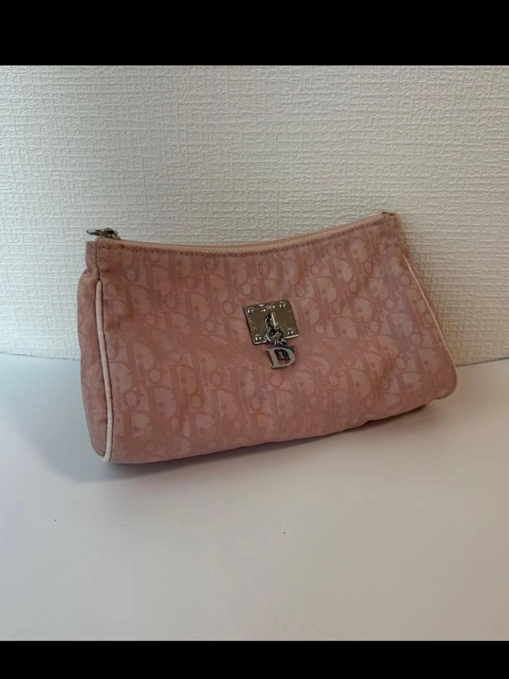 Dior Light Pink Jacquard Cosmetic Pouch with 'D' Charm